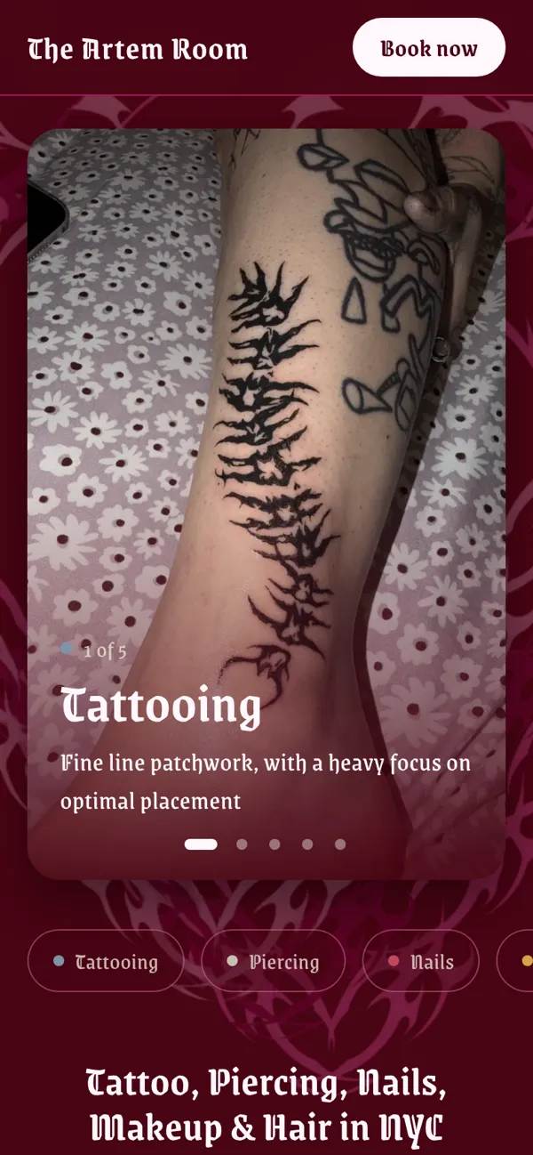 The Artem Room website on a phone: a tattoo photo with the studio's services underneath